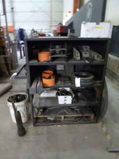 Shelves of Scrap Metal w/ Items Under Shelf and 5gal Bucket. 