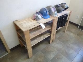 (2) Custom Shelving Units 30"x 18"x 30" w/ Welding Helmets, Hard Hat, and Face Piece. 