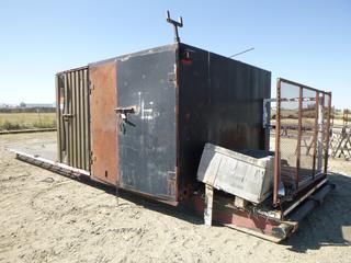 Shack 7'x 10'x 11' w/Deck, Contents included built on heavy duty skid with Roll Ends. Note:  Buyer Responsible For any Dismantling, Lifting & Loading.