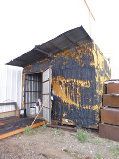 Insulated shack on skid w/ contents. Approx 144" x 144" x 120". Skid welded to grates. Buyer responsible for removal