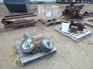 (4) pallets misc steel. Brackets, flanges, bars, casters, pump