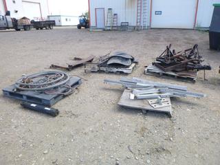 (4) pallets misc items. Metal bars, grate, frame, electrical cable, hydraulic cylinder (HYS 30AGU24-10), hose, chain hoist