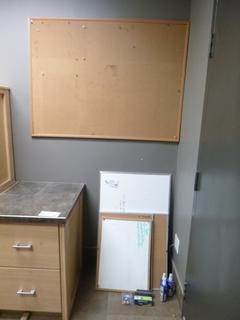 qty of various size whiteboards/corkboards. Comes w/ pins, erasers, cleaning spray. 