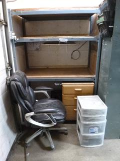 Metal Rack w/ wood & plastic cabinets w/ contents & office chair. (shelf) 25"x 51"x 72". 