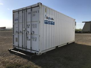 20' Storage Container c/w Wall to Wall Shelving, Removable Skid Deck. # 20101031 Note:  No Forklift On Site, Buyer Responsible For Loadout.