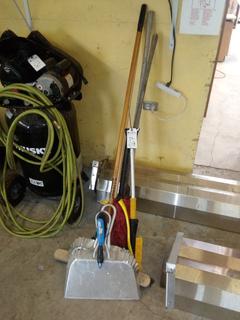 Quantity of Assorted Brooms, Dustpans & Shovels. Note:  No Forklift On Site, Buyer Responsible For Loadout.