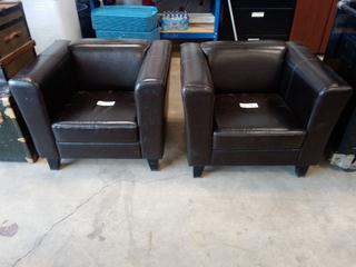 (2) Leather High Arm Lounge Chairs. 30"x38"x30". Note:  No Forklift On Site, Buyer Responsible For Loadout.