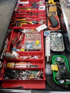 Contents of Drawer. Wire strippers, Air Compressor Attachments, Box Cutters, Drill Bits, Chisels, Hitch Pins. Note: Cabinet Not Included. Display Purposes Only. Note:  No Forklift On Site, Buyer Responsible For Loadout.