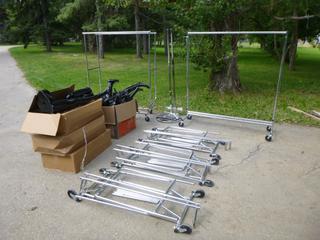 Qty Of (5) 50in X 21 3/4in X 66 1/4in Portable Clothing Racks C/w Qty Of Mannequins And Stands
