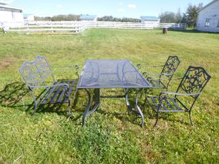 72in X 42in X 28 1/2in Patio Table C/w (2) Chairs And Bench Seat *Note: Has Some Damage*