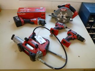 (1) Milwaukee 1/2in 18V Cordless Hammer Drill/Driver, (1) Milwaukee 1/4in 18V Cordless Impact Driver, (1) Milwaukee 6 1/2in 18V Cordless Circular Saw, (1) Milwaukee 4 1/2in/5in 18V Cordless Grinder And (1) Milwaukee 18V Cordless Grease Gun