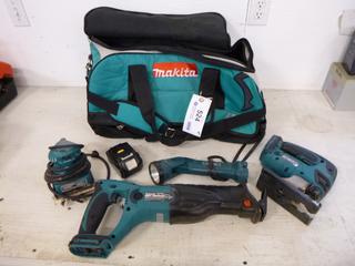 Makita Finishing Sander, Cordless Pivoting Head Flashlight, 18V Cordless Reciprocating Saw And 18V Cordless Jig Saw w/ Battery C/w Makita Tool Bag