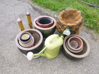 Qty Of Assorted Planters And Hanging Baskets C/w Bird Feeders And Watering Can