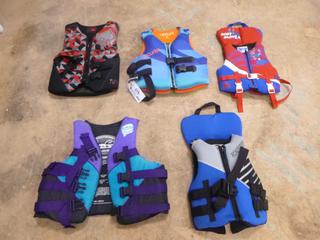 (1) Ladies Large, (1) Infant, (1) Youth, (1) Teen And (1) Size 6 Life Jackets