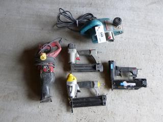 Makita 120V 110mm Planer, Skil 120V Reciprocating Saw And (3) Pneumatic Nailers