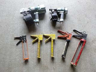 (1) Pneumatic Hitachi 1 3/4in And (1) Pneumatic 3 1/4in Coil Nailers C/w Qty Of Caulking Guns