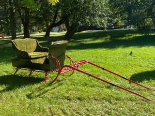 WM DORT, Wingham ON Cutter Sleigh Sled Runners 74in Long 37 1/2in Wide, Ground To Top Arm Rest 36in Tall, Total Shaft Length 88in, Single Tree To End Of Shafts 75in, Middle Inner Shaft Width 32in