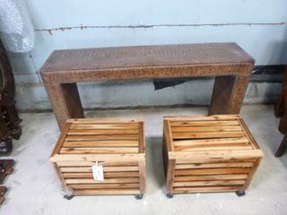 Sofa Table C/w (2) 21 3/4in X 14 1/2in X 16 1/2in Portable Storage Boxes