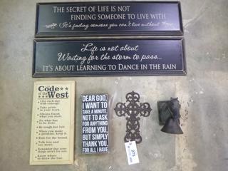 Qty Of (4) Inspirational Plaques, Cast Iron Horse Door Bell And Cast Iron Cross 