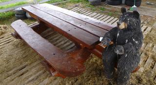 10ft X 78in X 29in Picnic Table w/ Wood Bear Carving
