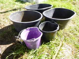 Qty Of (3) Plastic Water Troughs And (2) Buckets
