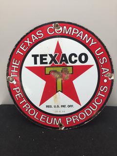 12in Diameter Metal Texaco Sign, 1933 Porcelain Finish 