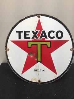 12in Diameter Metal Texaco Sign, 1933 Porcelain Finish 