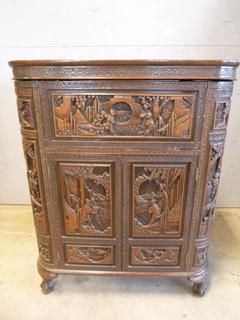 34in X 17 3/4in X 42 3/4in Chinese Hand Carved Teak Vintage Bar Cabinet And Server *Note: Minor Damage*