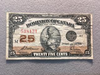 1923 Dominion of Canada Twenty-Five Cent Shinplaster, S/N 538131.