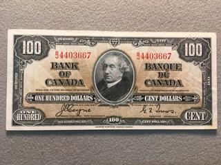 1937 Bank of Canada One Hundred Dollar Bill, S/N BJ4403667.