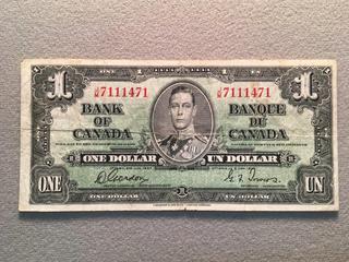 1937 Bank of Canada One Dollar Bill, S/N JM7111471.