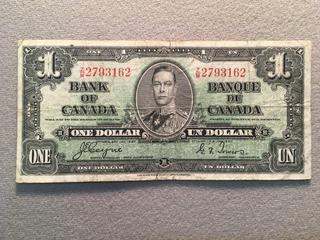 1937 Bank of Canada One Dollar Bill, S/N ZM2793162.