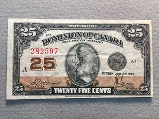 1923 Dominion of Canada Twenty-Five Cent Shinplaster, S/N 282597.
