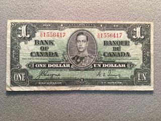 1937 Bank of Canada One Dollar Bill, S/N SN1556417.