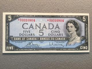 1954 Canada Five Dollar Replacement Bill, S/N *RX0316804.