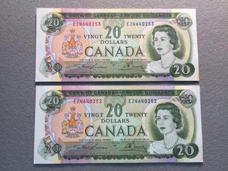 (2) Sequential 1969 Canada Twenty Dollar Bills, S/N EZ4640252, EZ4640253.