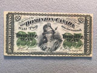 1870 Dominion of Canada Twenty-Five Cent Shinplaster.