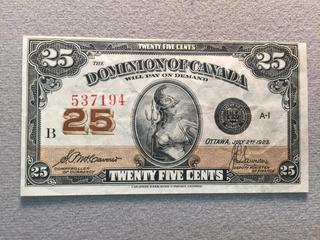 1923 Dominion of Canada Twenty-Five Cent Shinplaster, S/N 537194.