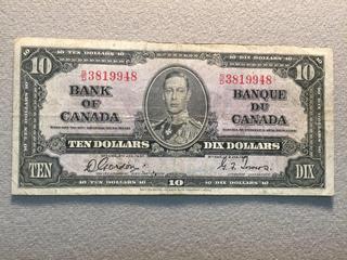 1937 Bank of Canada Ten Dollar Bill, S/N SD3819948.