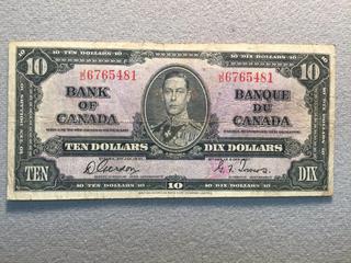 1937 Bank of Canada Ten Dollar Bill, S/N JD6765481.