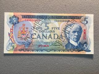 1972 Canada Specimen Five Dollar Bill S/N CA0000000.
