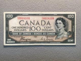 1954 Canada One Hundred Dollar Bill, S/N AJ0918109.