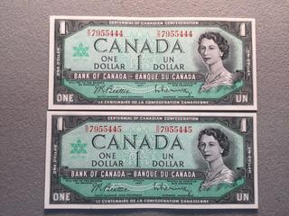 (2) Sequential 1967 Canada Centennial One Dollar Bills, S/N RO795544, RO7955445.