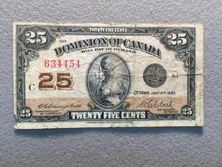 1923 Dominion of Canada Twenty-Five Cent Shinplaster, S/N 634454.