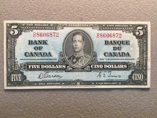 1954 Canada Five Dollar Bill, S/N OC8606872.