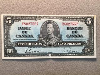 1937 Bank of Canada Five Dollar Bill, S/N UC8027557.
