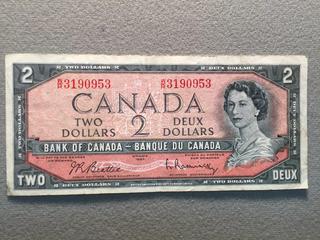 1954 Canada Two Dollar Bill, S/N WR3190953.