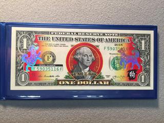 2018 USA Hologram Year of The Dog One Dollar Bill, S/N F59035116F.
