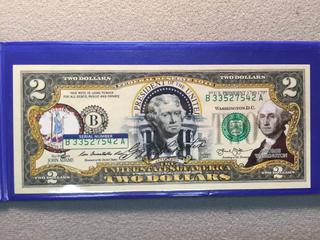 2013 USA Presidents of The United States Two Dollar Bill, S/N B33527542A.