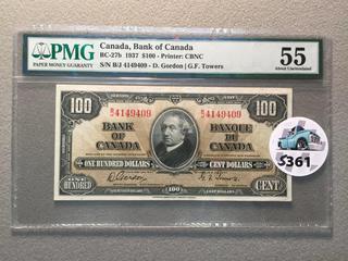 1937 Bank of Canada One Hundred Dollar Bill, S/N BJ4149409, PMG Grade 55.